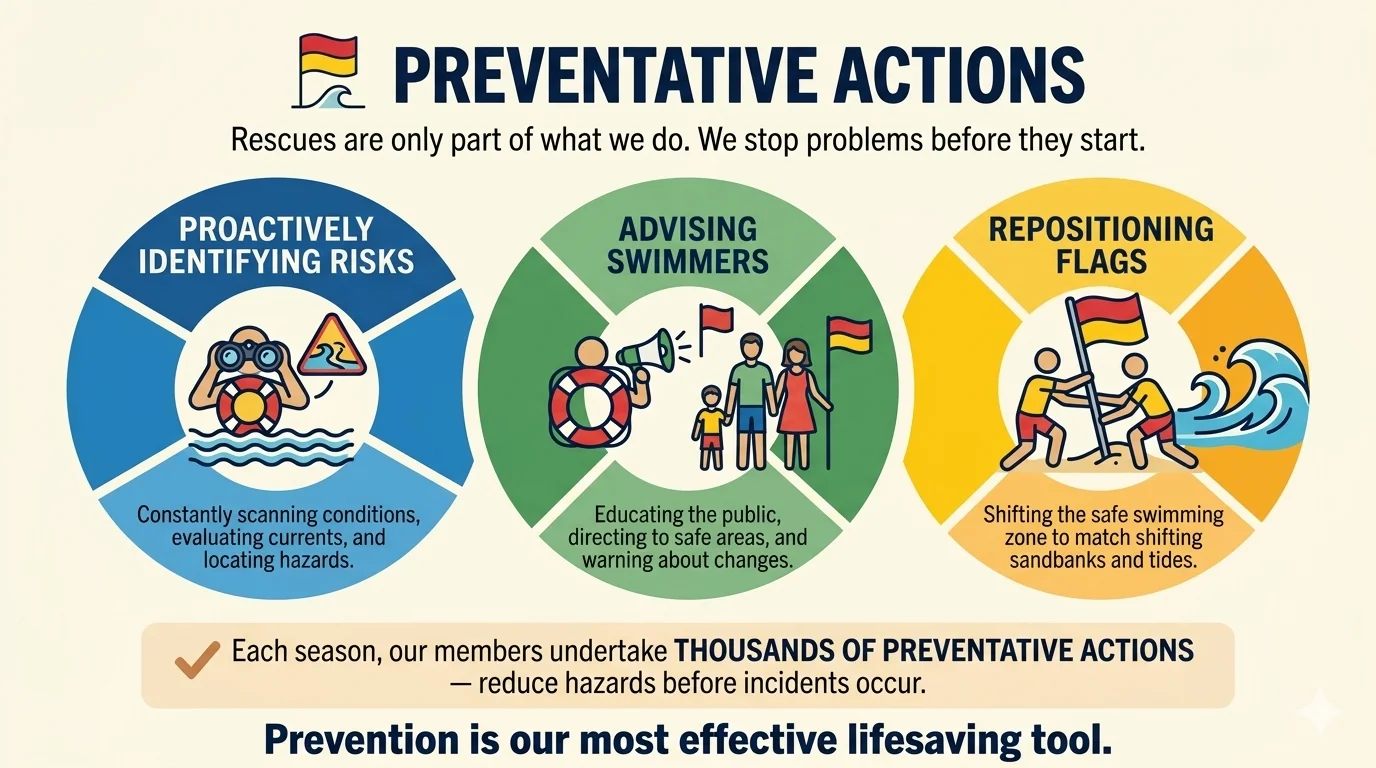 Lifesavers proactively monitoring the beach and talking with beachgoers