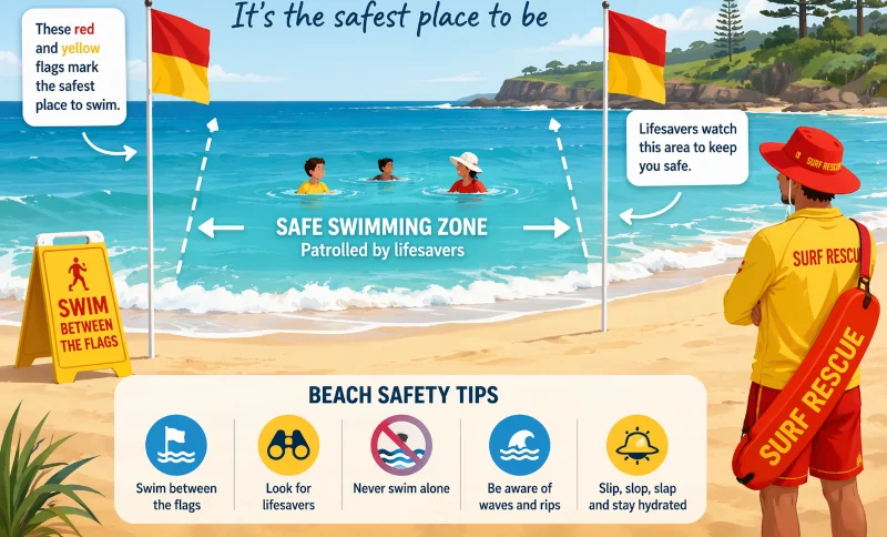 Red and yellow patrol flags marking the safe swimming area at Fingal Beach